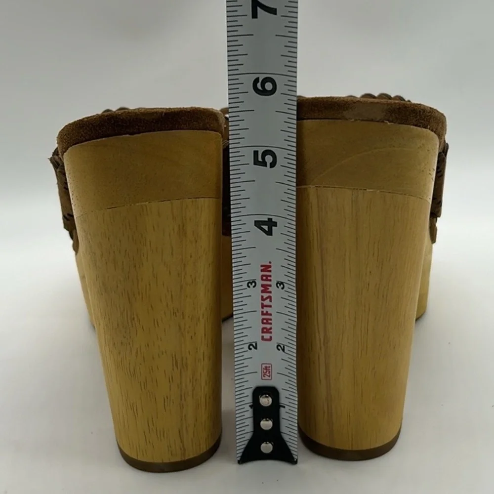 Veronica Beard Gaynor Platform Mules Women’s 9 Brown Suede Laser Cut Wooden Heel